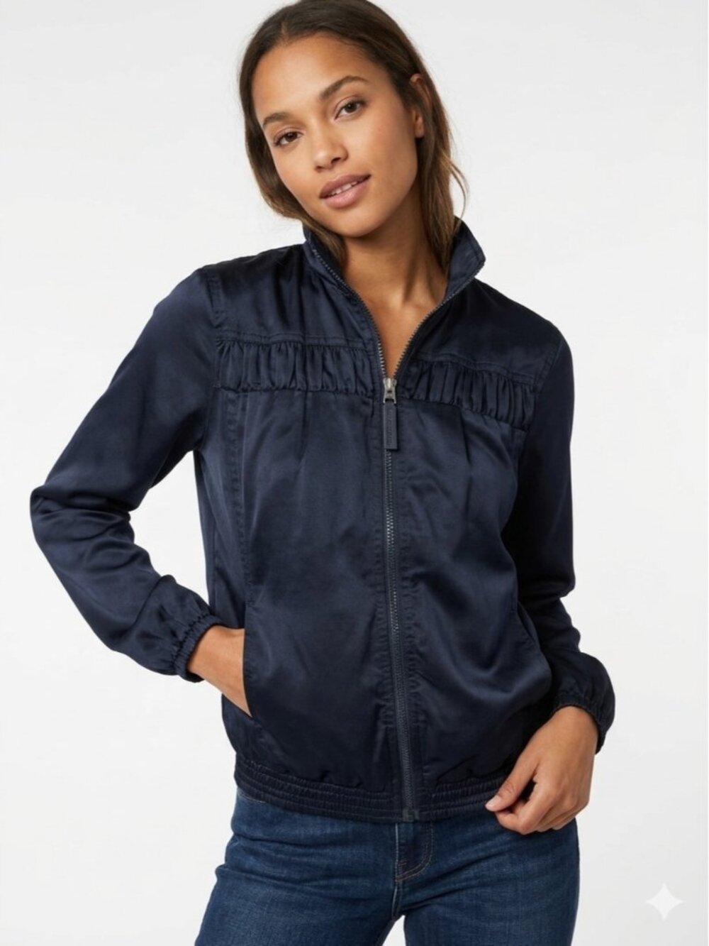 Liz Claiborne Blue Ruched Lightweight Track Bomber Jacket Small - 579